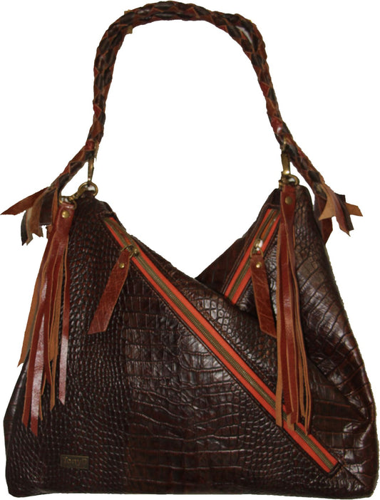 7825 Traudy Triangular Bag Embossed Brown (with last striped fabric lining)
