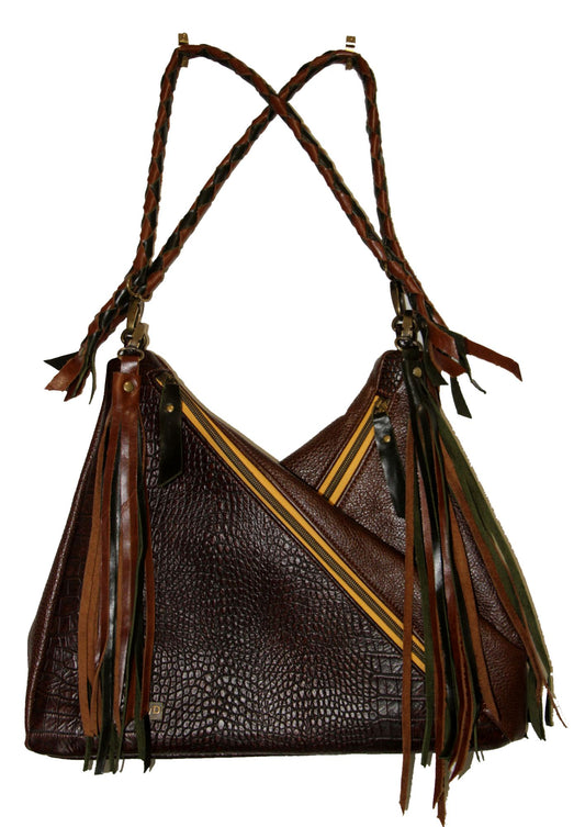 7826 Traudy Triangular Bag Embossed Brown Leather w/Mustard Zipper