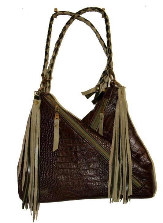 7827 Traudy Triangular Bag Embossed Brown Leather w/Green Zipper