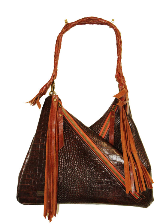 7828 Traudy Triangular Bag Embossed Brown Leather w/Topaz Zipper