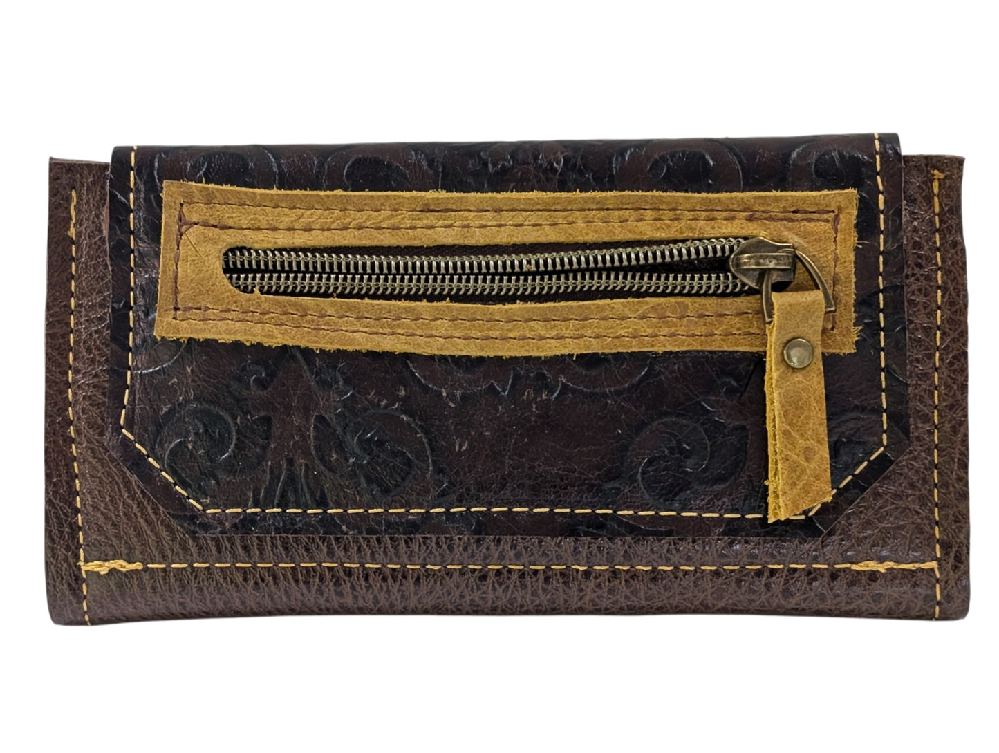 Brown leather wallet with embossed design and gold zipper