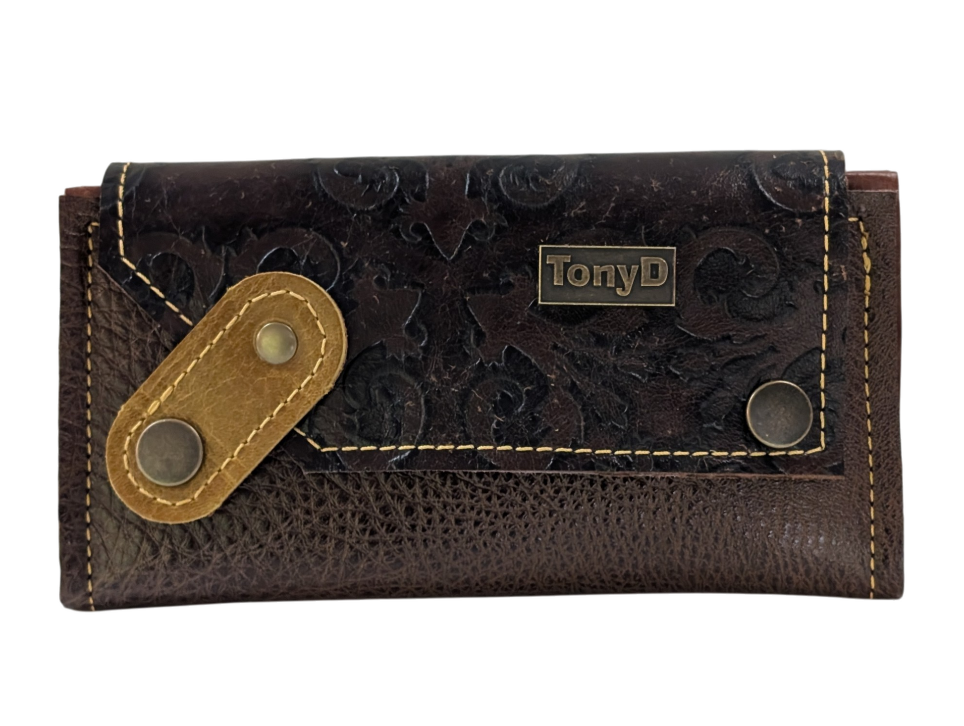 Brown textured wallet with tan leather pull and antique brass snaps