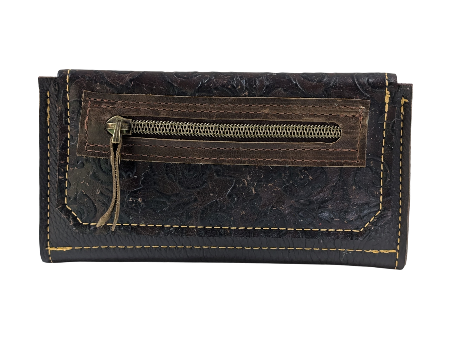 Dark brown leather wallet with a zipper